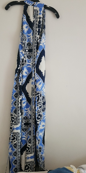 H&M Tie-belt Scarf Prints Dress long  maxi Cream/blue Patterned BNWT - Picture 9 of 14